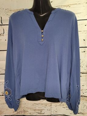 MEXX Blue Embroidered Sleeve Long Sleeve Cotton Top Women's Large